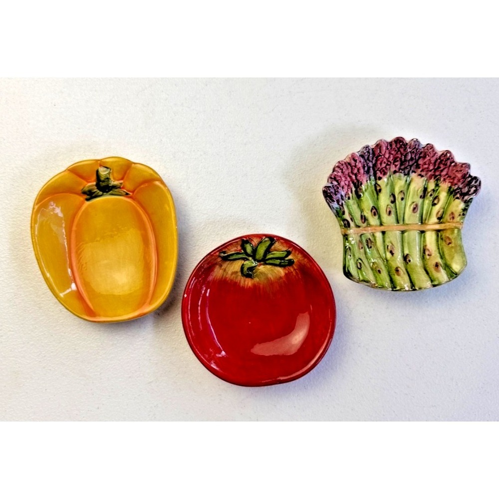 3 Pier 1 Hand Painted Veggie Plates Ironstone Tomato Pumpkin Asparagus Set Serve